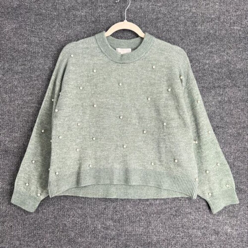 H&M Pearl Beaded Sweater Womens Small Sage Green Cropped Embellished Boxy New